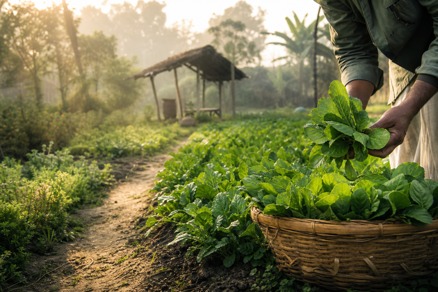 Organic farm harvest and field path